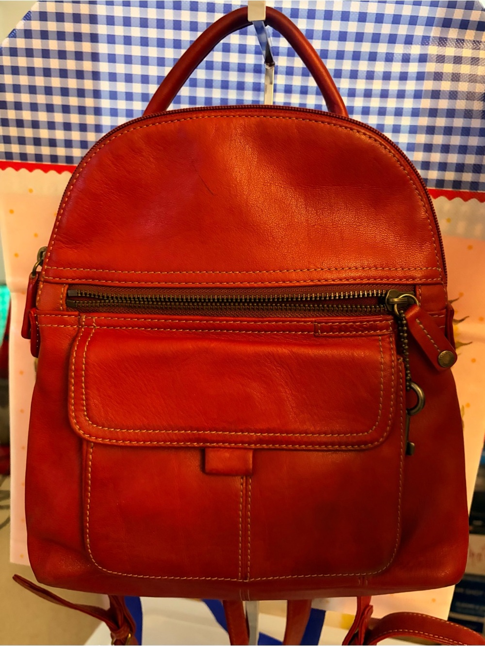 Fossil Red Leather Mini Backpack with Signature Key Charm